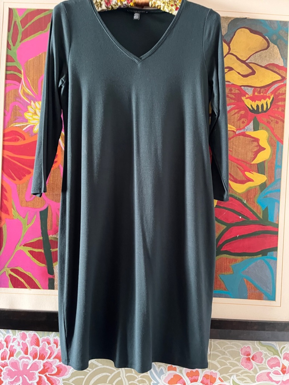 Eileen Fisher Women’s Petite V-neck long sleeve dress in Pine Green